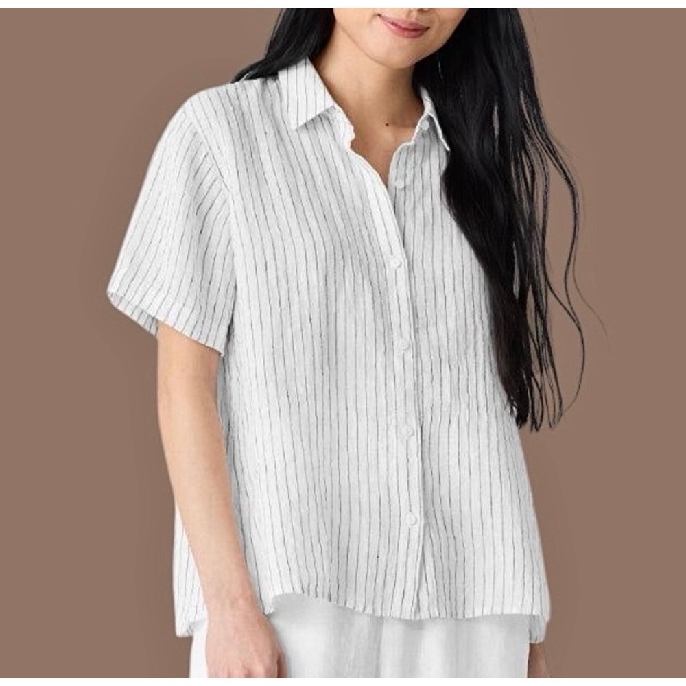 Eileen Fisher Top Linen Button Down Short Sleeve Striped White Gray XL